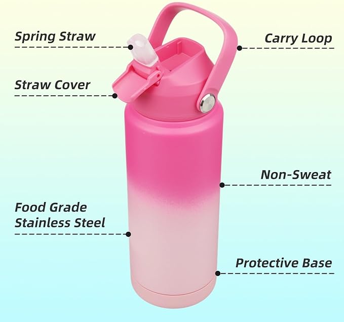 Insulated Water Bottle with Straw Lid,24 oz Stainless Steel Vacuum Metal Bottle with Silicone Handle,Cherry Blossom