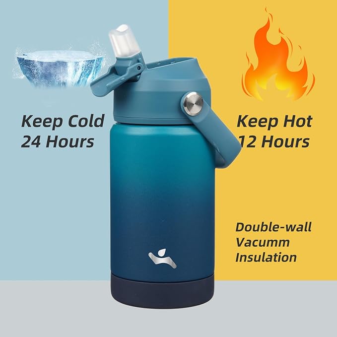 Insulated Water Bottle with Straw Lid,12 oz Stainless Steel Vacuum Metal Bottle with Silicone Handle,Vast