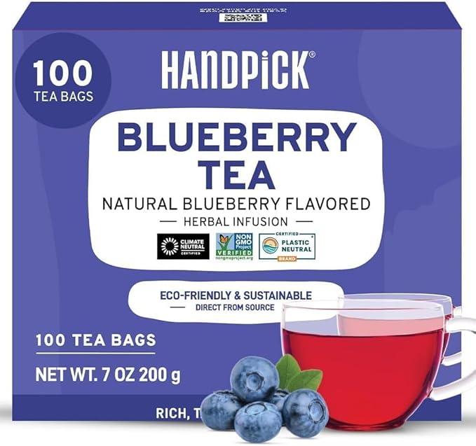 HANDPICK, Wild Blueberry Tea Bags (100 Count), True Premium Blueberry Herbal Tea with Hibiscus, Rose & Licorice | Brew Iced/Hot Tea