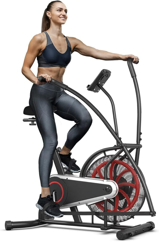 Goplus Air Bike, Fan Exercise Bike with Unlimited Resistance, Clear LCD Display, Tablet Holder, Adjustable Seat and Built-in Wheels, Fan Cycling Bike for Home Cardio Training