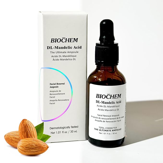 BIOCHEM DL-Mandelic Acid Facial Renewal Ampoule - Gentle AHA Exfoliation Treatment for Discoloration, Dullness, Uneven Skin Tone, Wrinkles, and Fine Lines for All Skin Types - 1.01 Fl. Oz. / 30 mL