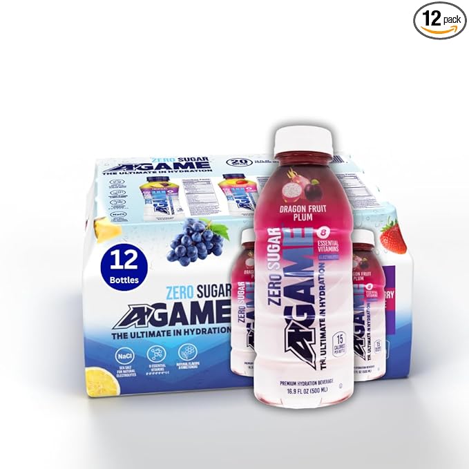 A-GAME Zero Sugar Sports Drink, Dragon Fruit Plum Zero Sugar, The Ultimate Sugar Free Hydration Sports Beverage, 8 Essential Vitamins including B, C, & E plus Sea Salt Electrolytes, All Natural Flavors, Gluten Free & Keto Friendly, 16.9 Fl Oz (Pack of 12)