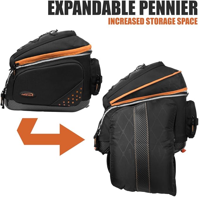 Ibera Bike Bag Expandable Commuter 17-23L - Clip-On Bike Rack Bag with Panniers & Strap - Hard Base, Reflective Trim & Taillight Ready - Ideal for Commuting & Touring - PAKRAK ONLY FOR IBERA RACKS