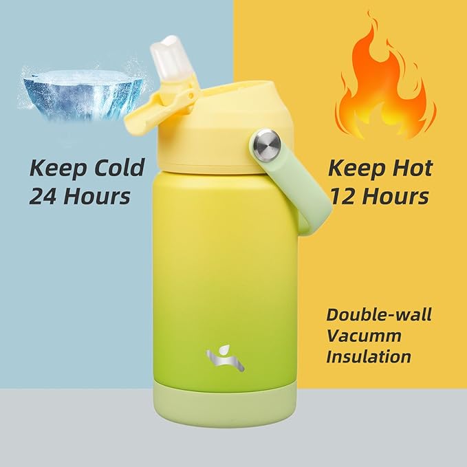 Insulated Water Bottle with Straw Lid,12 oz Stainless Steel Vacuum Metal Bottle with Silicone Handle,Lime