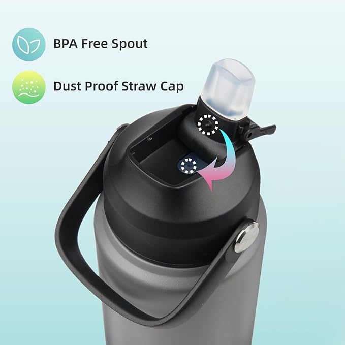 Insulated Water Bottle with Straw Lid,32 oz Stainless Steel Vacuum Metal Bottle with Silicone Handle,Gray Black