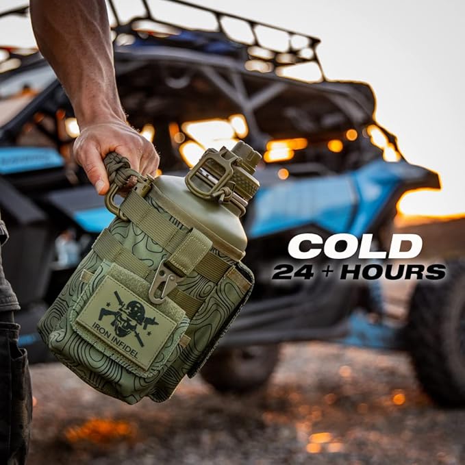 Iron Infidel Battle Bottle - Half Gallon Insulated Stainless Steel Water Jug with Handle - Gym Bottle for Men with Rugged Sleeve (Overland 2 Liter)