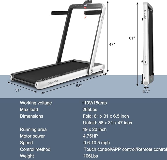 GYMAX Walking Pad, 4.75HP Under Desk Treadmill with LED Touch Screen, App Control, Built-in Speaker & Handle, 2 in 1 Folding Compact Portable Treadmill for Home Small Space