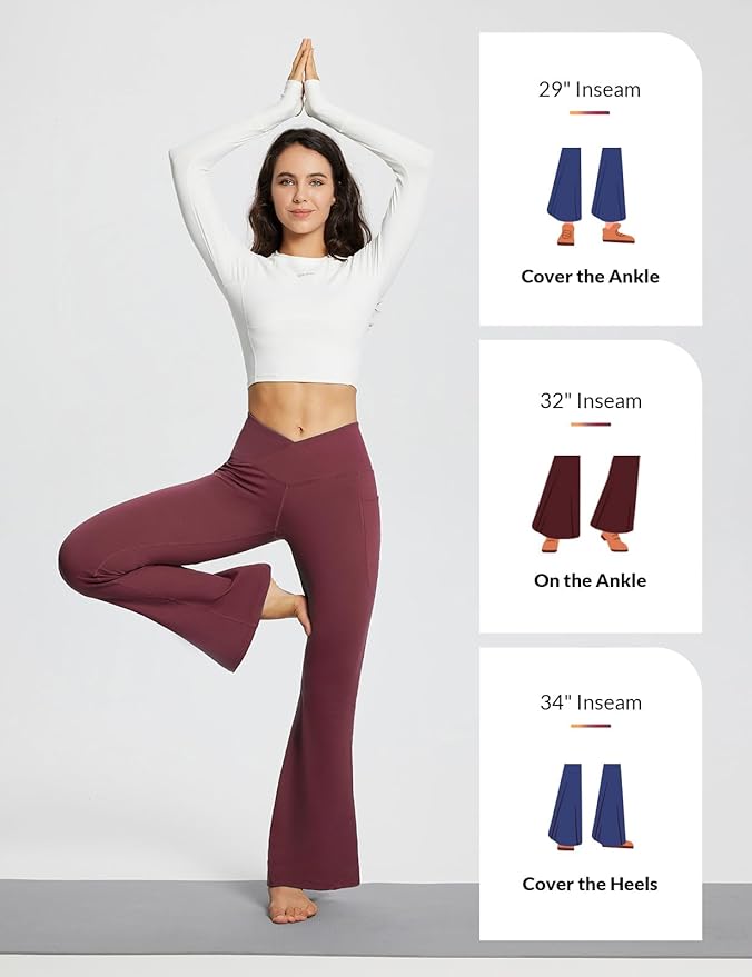 baleaf Women's V Crossover Flare Leggings with Pockets Yoga Pants High Waist Casual Workout Gym Bell Bottom Leggings