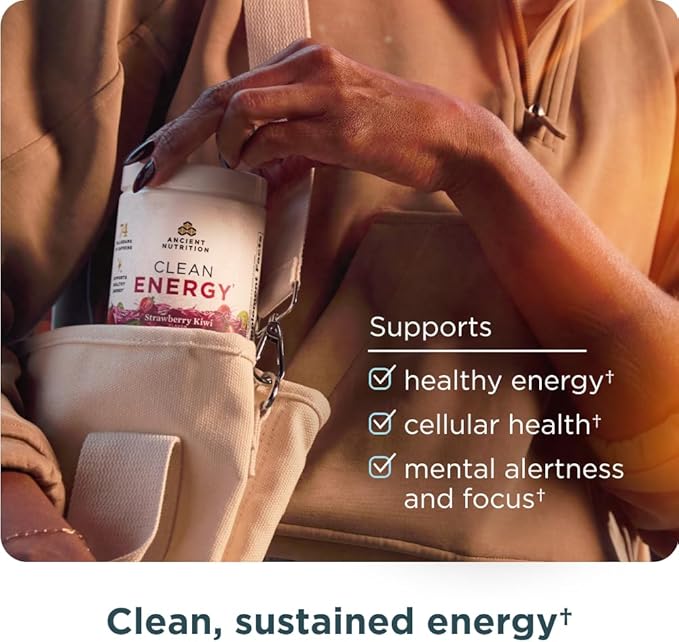 Ancient Nutrition Clean Energy Powder, Strawberry Kiwi, Supports Healthy Energy and Cognitive Health, Promotes Mental Alertness and Focus, 30 Servings