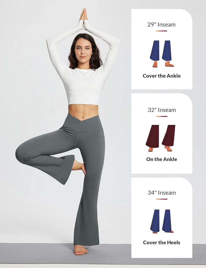 baleaf Women's V Crossover Flare Leggings with Pockets Yoga Pants High Waist Casual Workout Gym Bell Bottom Leggings