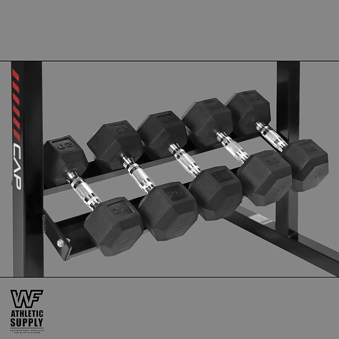 WF Athletic Supply Rubber Coated Hex Dumbbell Set with Two Tier Premium Storage Rack Built for Strength Building, Weight Loss & Home Gym – Multiple Sets Available