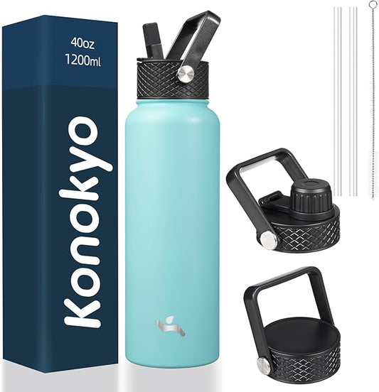 40oz Insulated Water Bottle Stainless Steel Sport Bottles with 3 Lids,Turquoise