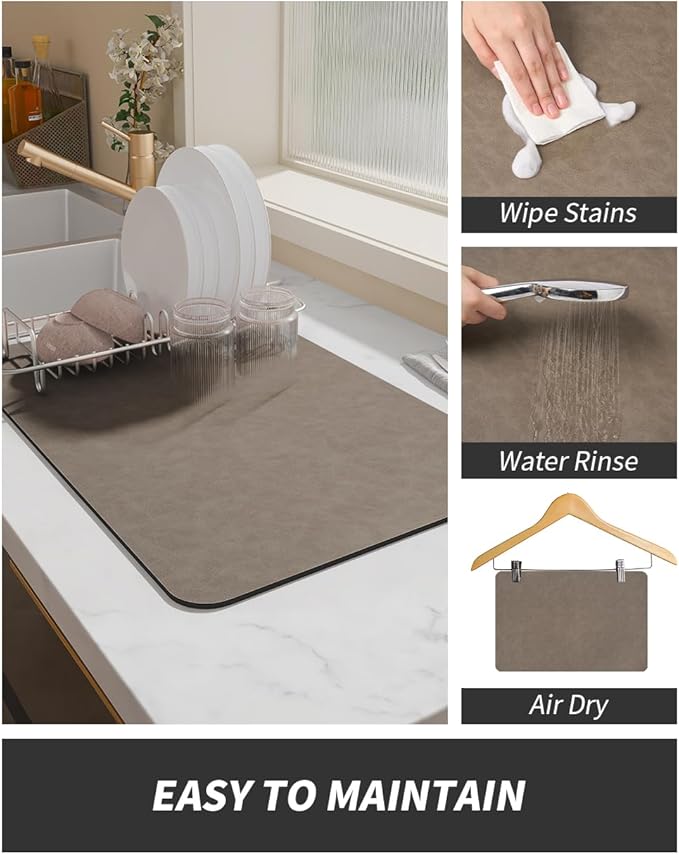 AMOAMI Coffee Mat Hide Stain Rubber Backed Absorbent Dish Drying Mat for Kitchen Counter - Brown, Fits Under Coffee Maker & Machine