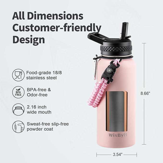 32 oz Insulated Water Bottle with Straw (Cold for 48 Hrs), Stainless Steel Triple Wall Vacuum Sports Water Jug, Leakproof Hydro Cup Flask with Paracord Handle & Straw Spout Lids & DIY Stickers