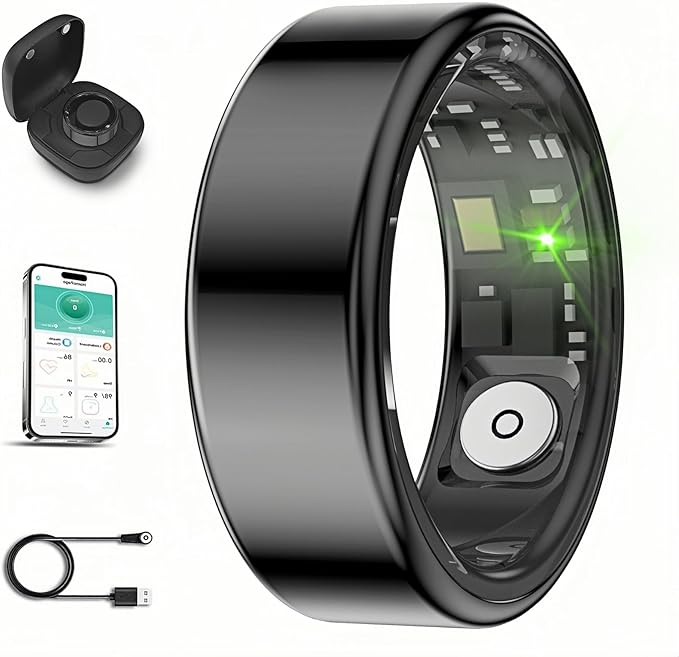 Smart Ring for Men Women with Black Charging Box, Bluetooth, Health Ring , IP68 Waterproof, Fitness Ring Tracks Heart Rate/Sleep/Steps/Sports Activities/Blood Oxygen,non-subscription app (Black, 13)