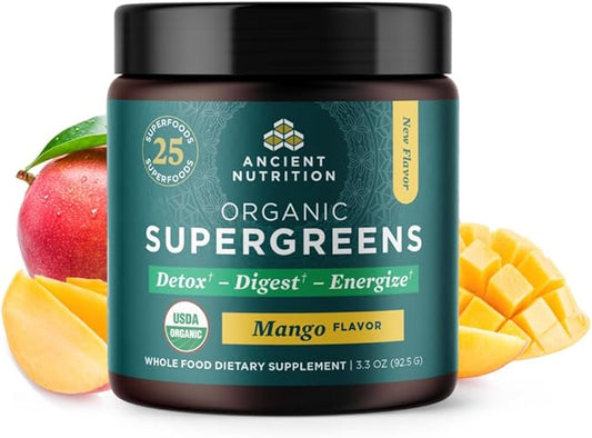 Ancient Nutrition SuperGreens Powder with Probiotics, Organic Mango Flavor Greens, Made from Real Fruits, Vegetables and Herbs, Digestive and Energy Support, 12 Servings, 3.3oz