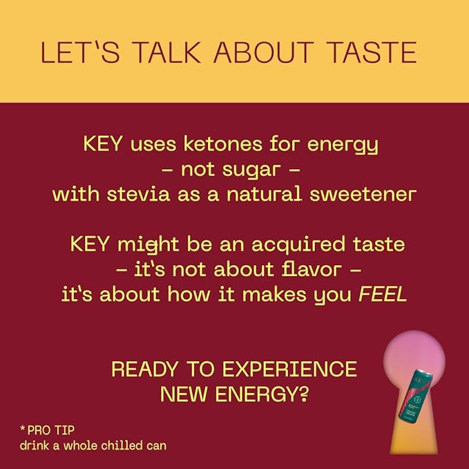 KEY Ketone Energy Drink : Sugar Free, 80mg Low Caffeine, All Natural, 11.5g Ketones, Long Lasting Energy, Green Tea & L-Theanine for Mental Focus, Grapefruit Peach (Pack of 12)