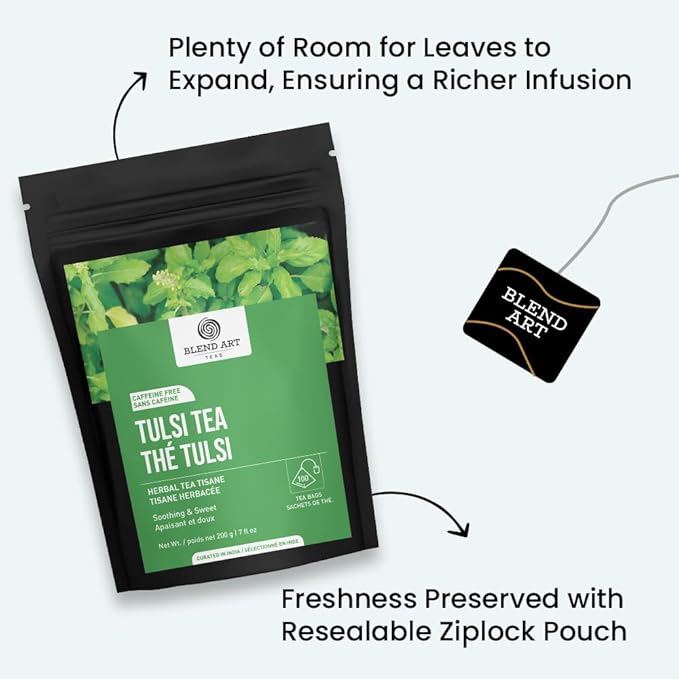 Tulsi Holy Basil Tea Bags 100 Count For Cognitive Balance & Overall Health Ayurvedic Tulsi With Antioxidants Caffeine Free Holy Basil Leaves Pyramid Herbal Tea Bags Support Digestion & Boost Immunity