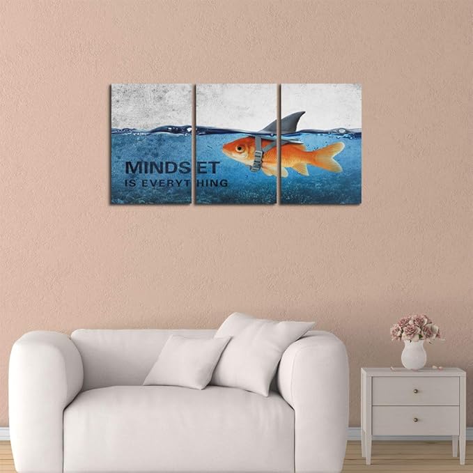 3 Panels Modern Framed Inspirational Canvas Wall Art Goldfish Body Strong Shark Heart Mindset is Everything Motivational Wooden Decor Posters for Office Gym Classroom Home Decoration(48''W x 24''H)
