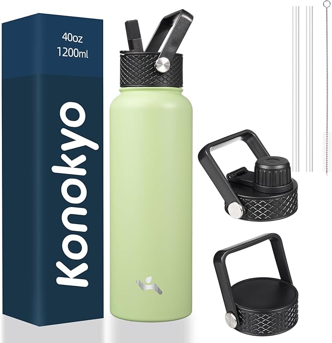40oz Insulated Water Bottle Stainless Steel Sport Bottles with 3 Lids,Macaron Green