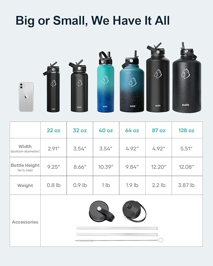 BUZIO 40oz Insulated Water Bottle, Triple Wall Vacuum Stainless Steel Water Flask with 2 lids, Lead-Free BPA-Free Straw Lid Sports Canteen Jug, Cold 48H & Hot 24H- Yellow Orange
