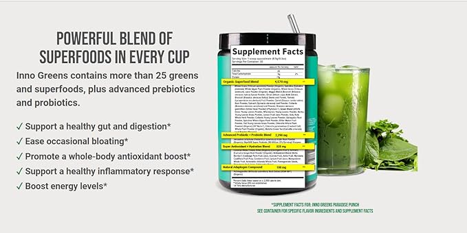 Inno Greens | 28+ Organic Greens & Superfoods | Advanced Prebiotics + Probiotics | Super Antioxidant + Hydration | Spirulina, Chlorella, Ashwagandha | Natural, Non-GMO | 30 Servings (Paradise Punch)