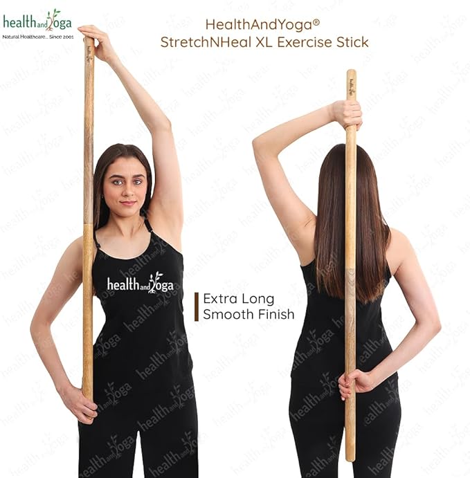 HealthAndYoga™ StretchNHeal Collapsible Multi-Use Wooden Yoga Stick - Regular and XL - Portable Posture Corrector Pole, Stretch Mobility Stick, Physical Workout Exercise Dowel