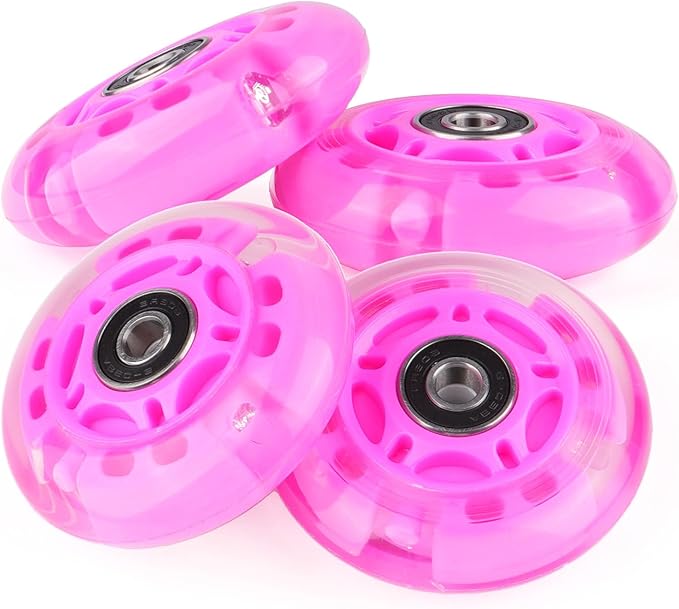 8pcs Inline Skate Wheels Led Light-Up Wheels 64/70/72/76/80mm w/Bushings 85-88A for Kids and Youth Beginners Children's Inline Skates Indoor/Outdoor Use (Pink, 72mm)