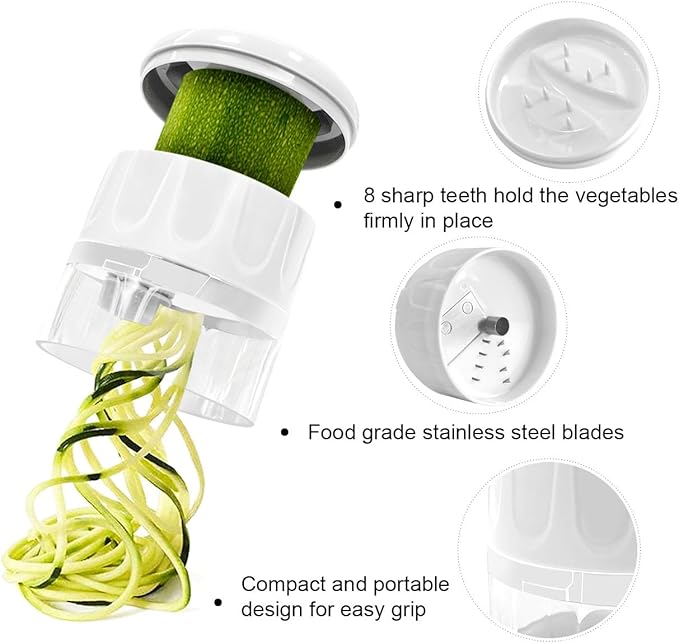 3 in 1 Vegetable Spiralizer Slicer, Adjustable Zucchini Carrot Noodle Maker, Cucumber Spiral Cutter, Easy to Use Kitchen Tool（White）