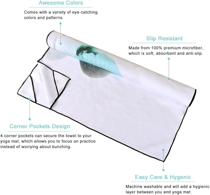 QiyI Large Yoga Mat Towel with Corner Pockets, Non Slip Sweat Absorbent Hot Yoga Towels, Soft Yoga Blankets Skidless Mat Cover for Workout, Gym, Fitness - 74"x26", Pebbles & Blue White Flowers