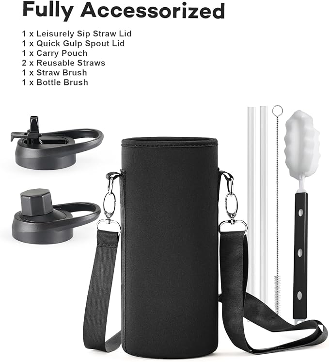 40 oz Insulated Water Bottle with Straw and Lid, Food-grade Double Wall Vacuum Stainless Steel Flask with Handle,Leakproof Metal Travel Jug With Carry Pouch and Brush,Keep Cold & Hot,Black
