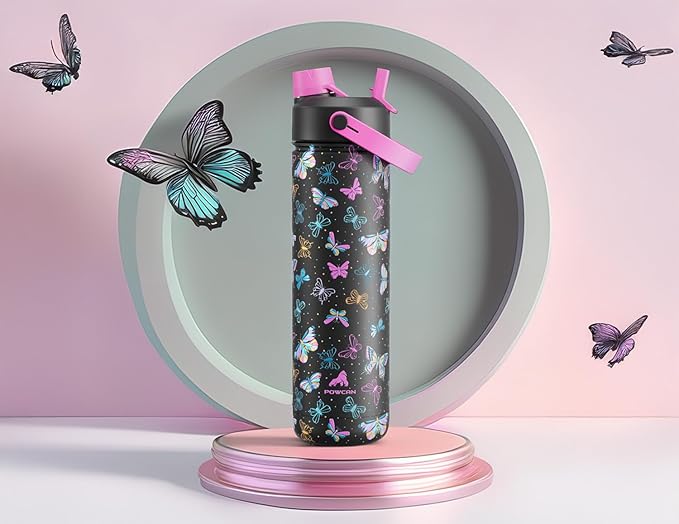 26 oz Insulated Water Bottle with 2-in-1 Straw and Spout Lid, Keep Cold 24H, Leak-Proof, Fits in Car Cup Holder, Stainless Steel Water Bottle for Sports, Travel, and School (Butterfly Kaleido)