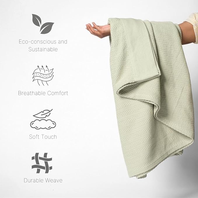 100% Cotton Herringbone Weave Blankets, 90" X 90" Queen, Throw Blanket for Bed, All Season Cotton Blanket, Cozy Blanket,Throws & Bed Blanket, Throw Blanket for Couch, Modern Home Decor -Sage