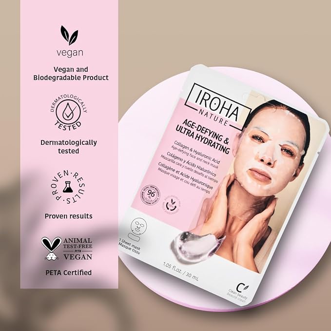IROHA NATURE Face Masks - Packs for Better Skin (Pack of 5, Anti-Aging Face & Neck Tissue Mask with Collagen (96% Natural Ingredients))