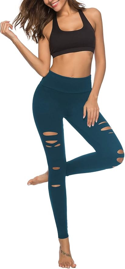 DIBAOLONG Womens High Waist Yoga Pants Cutout Ripped Tummy Control Workout Running Yoga Skinny Leggings
