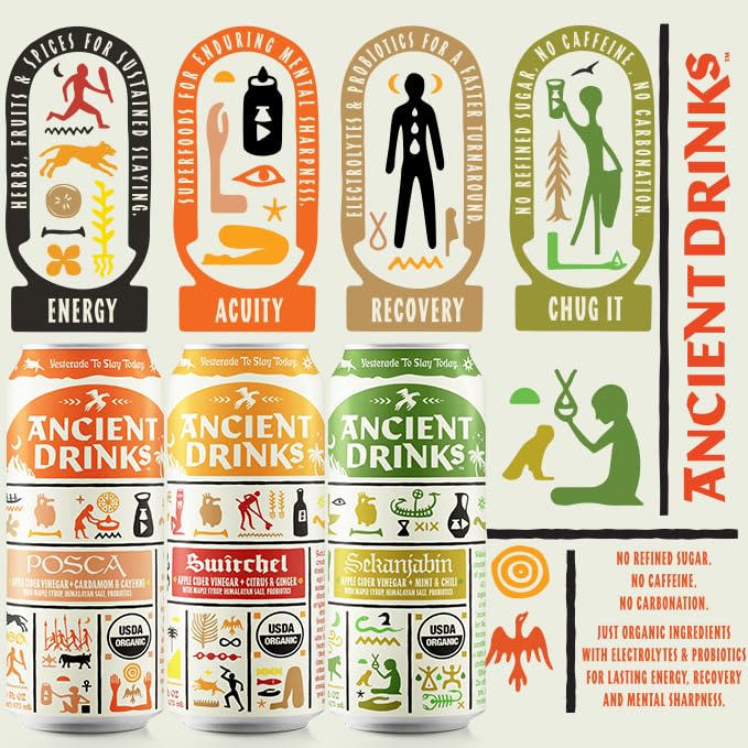 ANCIENT DRINKS Apple Cider Vinegar Beverage with Electrolytes, Vitamins, & Probiotics, Organic, Super-Hydrating Sports Drink - Mixed Pack (Posca, Switchel, Sekanjabin) - 16 fl oz (12 cans)