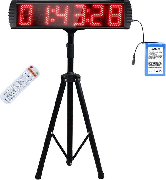 Large LED Display Digital Race Timer with Battery,Function-Countdown/Up/Time Clock, Remote Control, Tripod Stand and Adjustable Brightness for Sports Events, Races, Meetings, Presentations