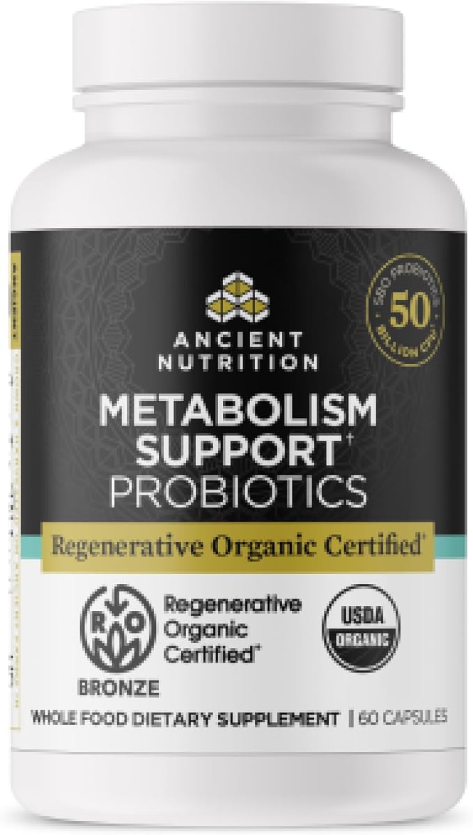 Ancient Nutrition Regenerative Organic Certified Probiotics for Metabolism Support, Healthy Digestion and Immune System Function Support, 50 Billion CFUs* Per Serving, 60 Count