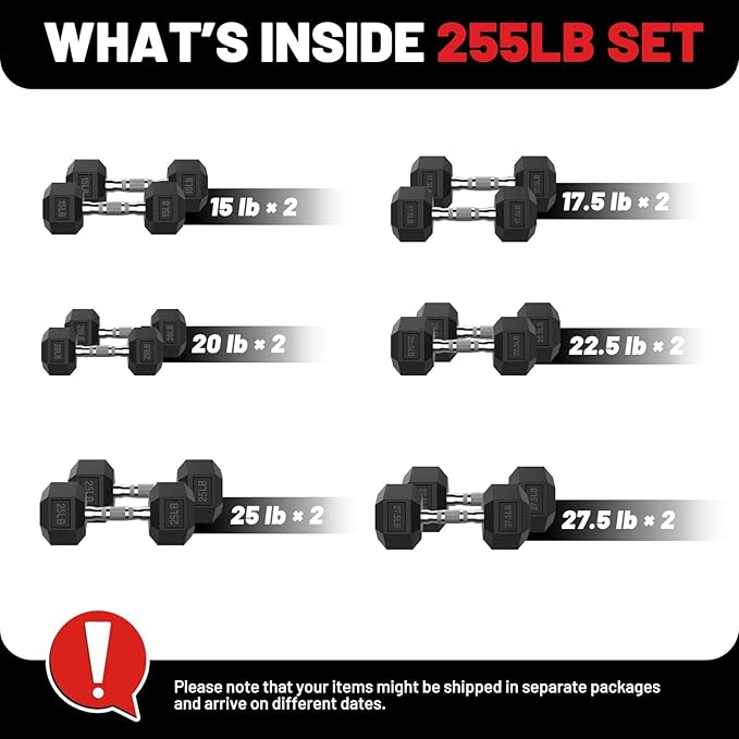 PAPABABE Hex Dumbbell Set 45-550 lb, Rubber Encased Home Gym Dumbbells, Weights Dumbbells for Women & Men, Hand Weight for Strength Training