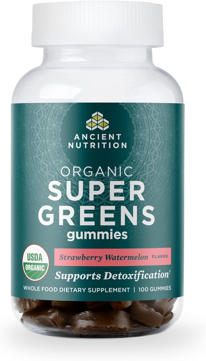 Ancient Nutrition Supergreens Gummy, Organic Superfood Gummy Made from Real Fruits, Vegetables and Herbs, for Digestive and Energy Support, 100 Count, Strawberry Watermelon