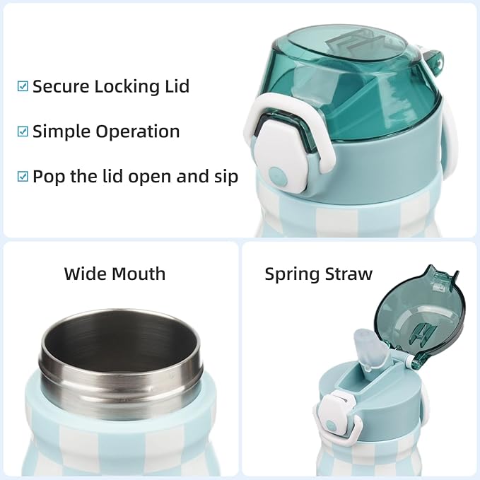 Insulated Water Bottle with Straw and Carry Loop,18 oz Stainless Steel Double Wall Vaccum Metal Water Flask with Leak-proof Lid,Blue White Plaid