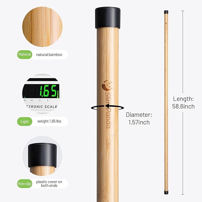 Slim Panda Yoga Stick, 5ft Natural Bamboo Stick with Rubber Ends, Exercise Stretching Stick for Yoga, Stretching, Balance and Correcting Posture, Rehabilitation Physical Therapy Aids