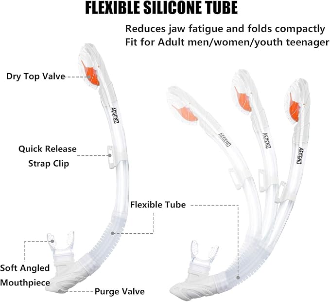 Aegend Dry Snorkel, Dive Mask Easy-Breath Free Diving Snorkel for Snorkeling Scuba Diving Freediving Swimming, with Top Dry Valve and Food-Grade Silicone Mouthpiece