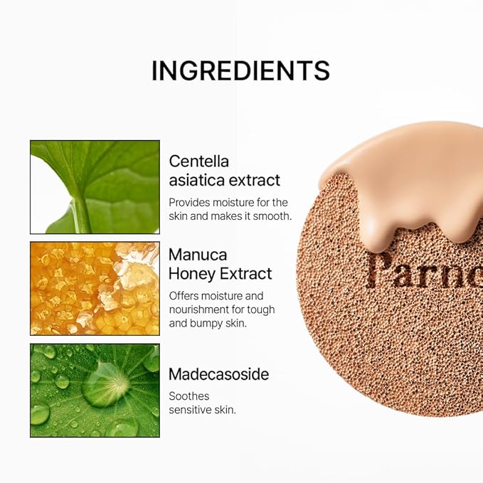 Parnell Cicamanu Serum Cushion - Moisturizing Foundation for Soothing, Coverage, Glass Skin and Lightweight for Sensitive and Dry Skin Pearl Skin (0.52 Fl Oz) (40C)