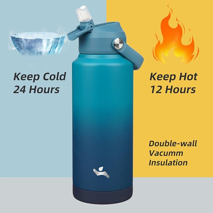 Insulated Water Bottle with Straw Lid,32 oz Stainless Steel Vacuum Metal Bottle with Silicone Handle,Vast