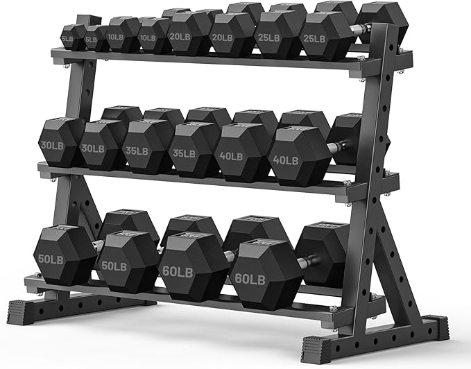 PAPABABE Hex Dumbbell Set with Rack, Rubber Encased Free Weight with Weight Storage Racks, Multiple Weight Options for Home Gym and Fitness