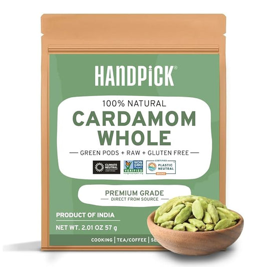 HANDPICK Green Cardamom Pods (57g / 2oz) Large size Green Elaichi | Pure, Non-GMO, Gluten Free | 100% Raw from India | Resealable Zip Lock Pouch