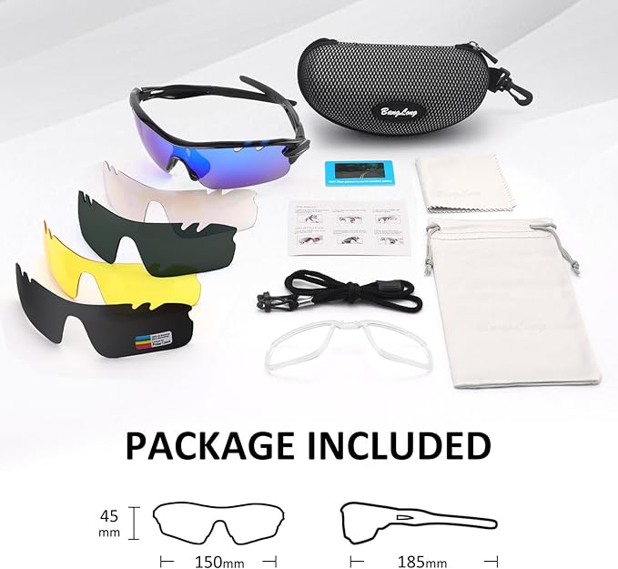 BangLong Polarized Sports Sunglasses Cycling Sun Glasses for Men Women with 5 Interchangeable Lenes for Running Baseball Golf