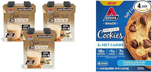 Atkins Chai Tea Latte Protein Shake with 15g Protein, 3g Net Carbs, 1g Sugar and Atkins Chocolate Chip Protein Cookie with 10g Protein, 3g Net Carbs, 1g Sugar, Keto Friendly, 4 Count