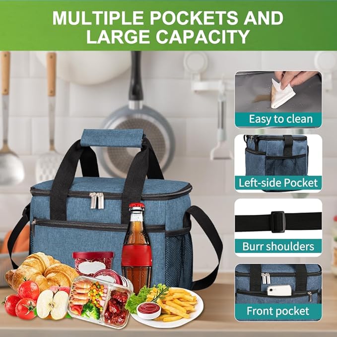 iknoe Large Foldable Cooler Bag, 8.5L Insulated Lunch Bag, Leakproof Lunch Cooler Tote with Multi-Bag Design Suitable for Beach, Picnic and Office Use, Blue 15-Can